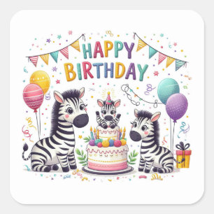 Happy Birthday Cute Zebras Celebrating Square Sticker