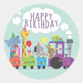 Happy birthday cute zoo animal characters train classic round sticker