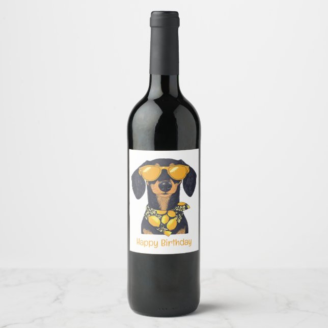 Happy Birthday Dachshund Dog Sunglasses Lemons Wine Label (Front)