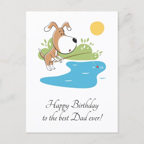 Happy Birthday Dad Cartoon Dog Puppy Fishing Postcard
