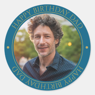 Happy Birthday Dad Modern Elegant Photo blue Classic Round Sticker