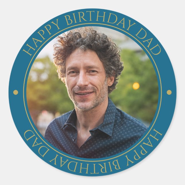 Happy Birthday Dad Modern Elegant Photo blue Classic Round Sticker (Front)