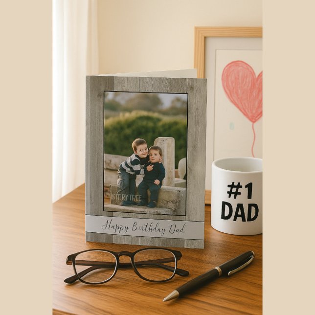 Happy Birthday Dad Rustic Gray Wood Photo Card (Creator Uploaded)