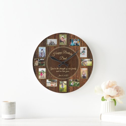 Happy Birthday Dad Rustic Wood Photo Template Large Clock