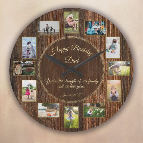 Happy Birthday Dad Rustic Wood Photo Template Large Clock