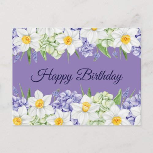 Happy Birthday Daffodil and Hydrangea Flowers  Postcard