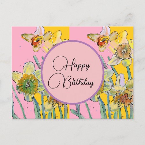 Happy Birthday Daffodil floral Pink Postcard