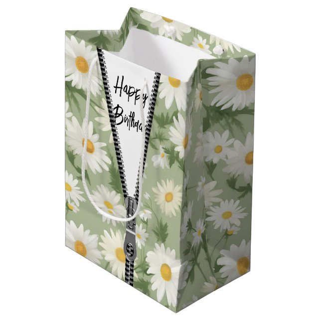 Happy Birthday Daisies with Zipper Medium Gift Bag (Front Angled)