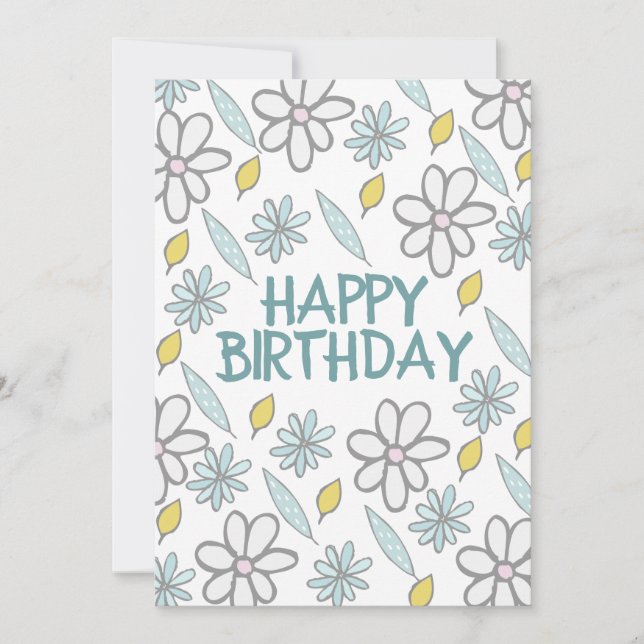 Happy Birthday Daisy Floral Blue Yellow Feminine Card (Front)