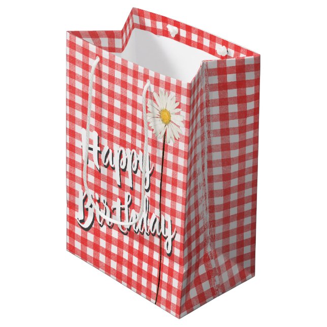 Happy Birthday Daisy On Red Gingham Medium Gift Bag (Front Angled)
