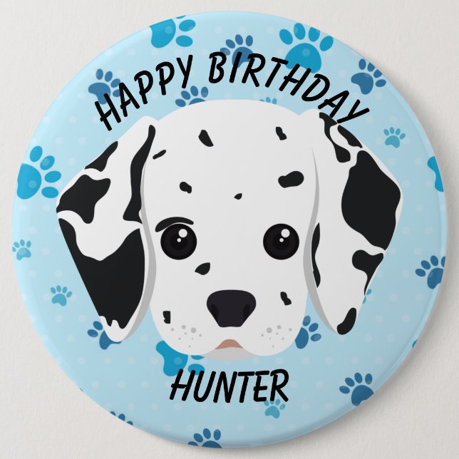 Happy Birthday Dalmatian Puppy Blue Paw   Button (Front)