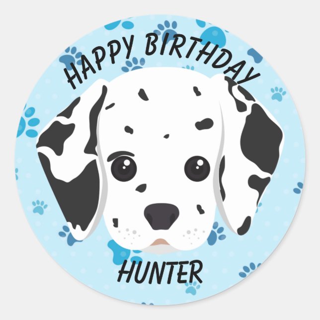 Happy Birthday Dalmatian Puppy Blue Paw Print   Classic Round Sticker (Front)