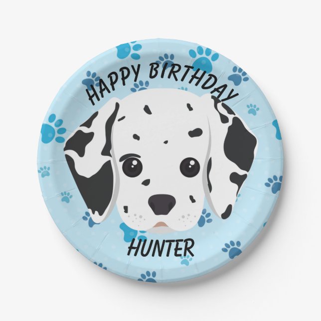 Happy Birthday Dalmatian Puppy Blue Paw Print Paper Plates (Front)