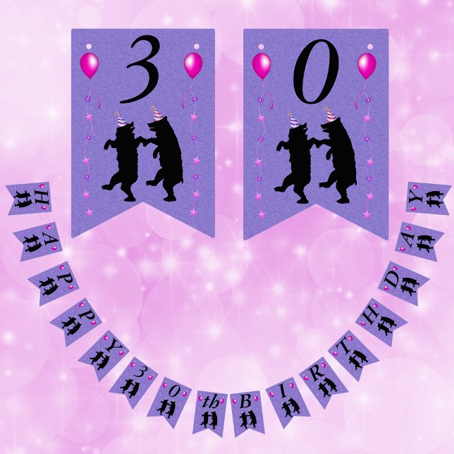 Happy Birthday Dancing Bears Balloons Stars Purple Bunting Flags (Dancing black bears pink stars balloons party hats on purple Happy Birthday flag banner for parties.)