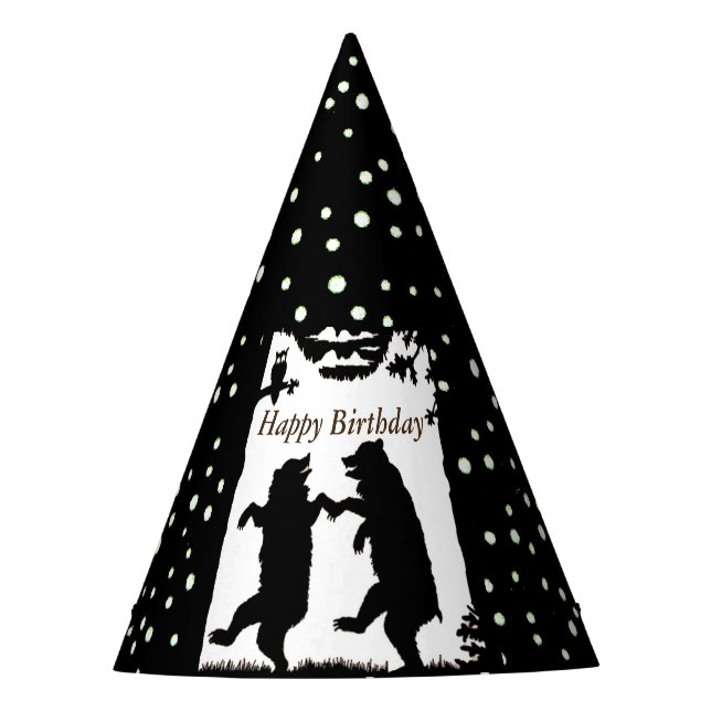 Happy Birthday Dancing Black Bears White Polka Dot Party Hat (Front)