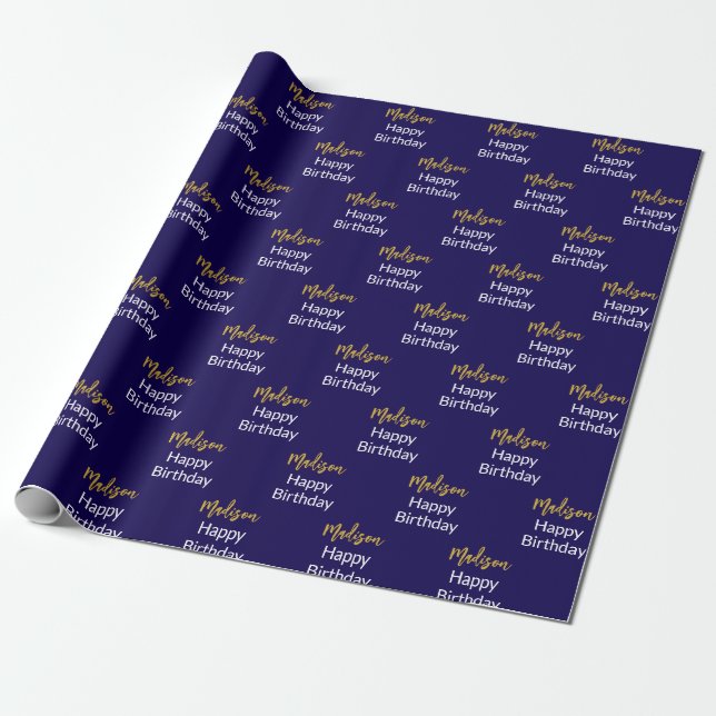 Happy Birthday Dark Blue White Gold Script Name Wrapping Paper (Unrolled)