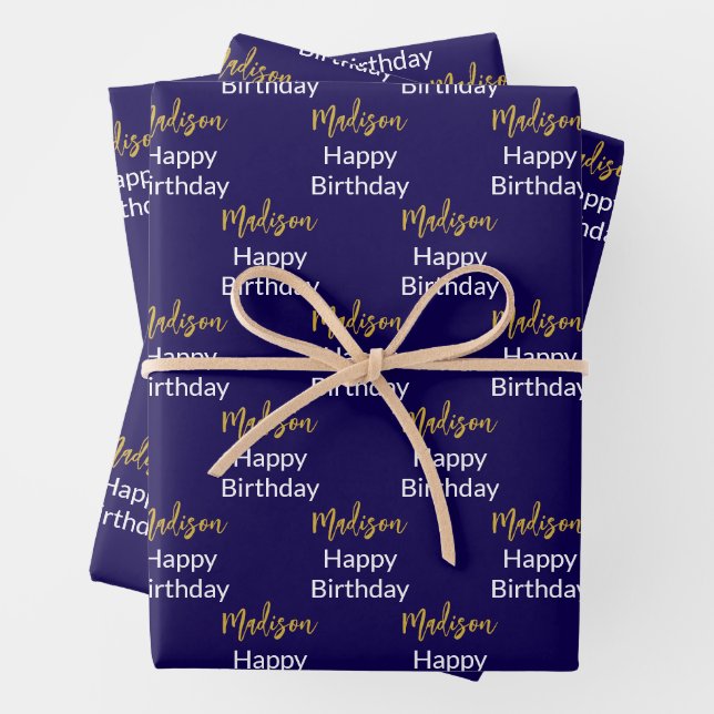Happy Birthday Dark Blue White Gold Script Name Wrapping Paper Sheets (In situ)