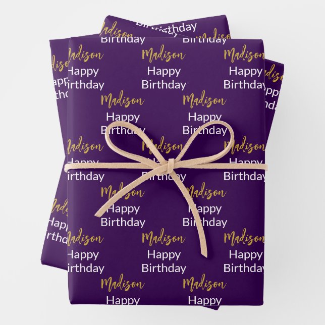 Happy Birthday Dark Purple White Gold Script Name Wrapping Paper Sheets (In situ)