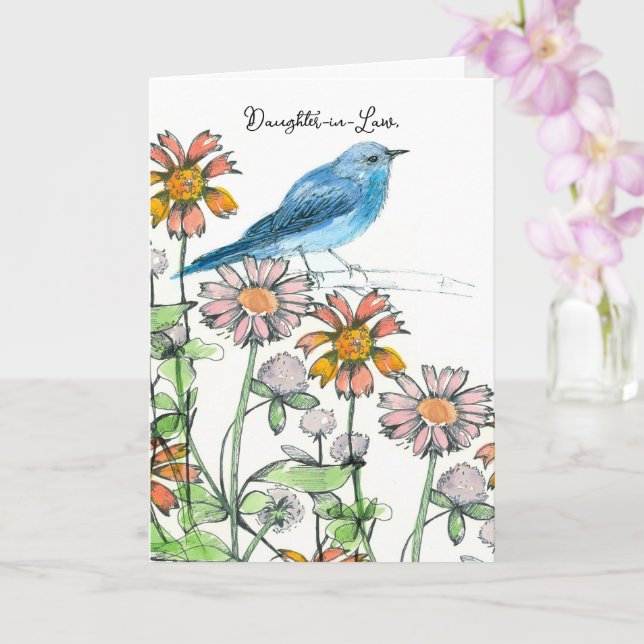 Happy Birthday Daughter In Law Bluebird Flowers Card (Orchid)