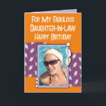 Happy Birthday daughter in law photo purple orange Card<br><div class="desc">For my fabulous daughter-in-law.
Happy Birthday.
Add a photo and a message.
Purple and orange with leaves.
Change the text to suit another person.</div>