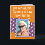 Happy Birthday daughter in law photo purple orange Card<br><div class="desc">For my fabulous daughter-in-law.
Happy Birthday.
Add a photo and a message.
Purple and orange with leaves.
Change the text to suit another person.</div>