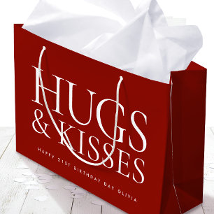 Happy Birthday Day Any Age Hugs & Kisses Deep Red Large Gift Bag