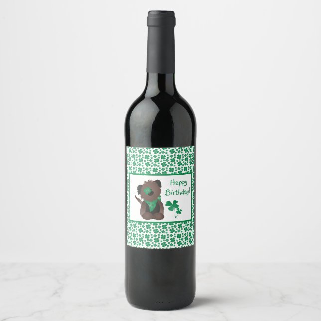 Happy Birthday Day Dog Shamrock Green Card Wine Label (Front)