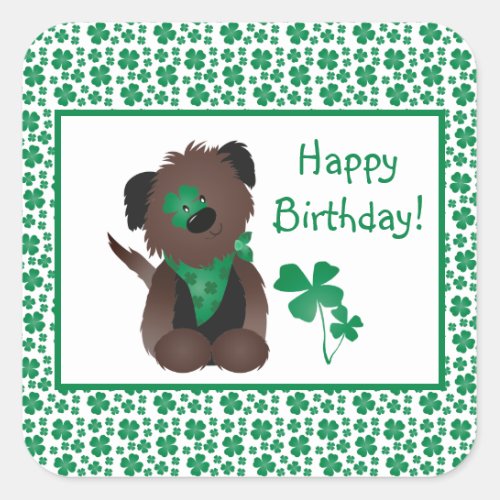 Happy Birthday Day Dog Shamrock Green Square Sticker