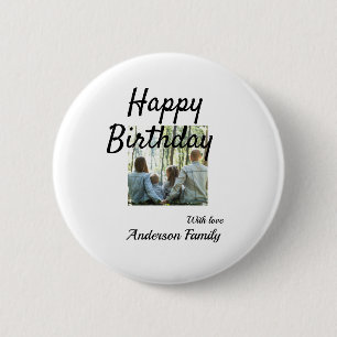 Happy birthday day photo family name elegant class button