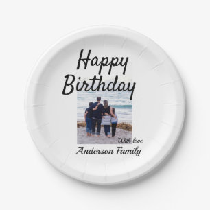 Happy birthday day photo family name elegant class paper plates