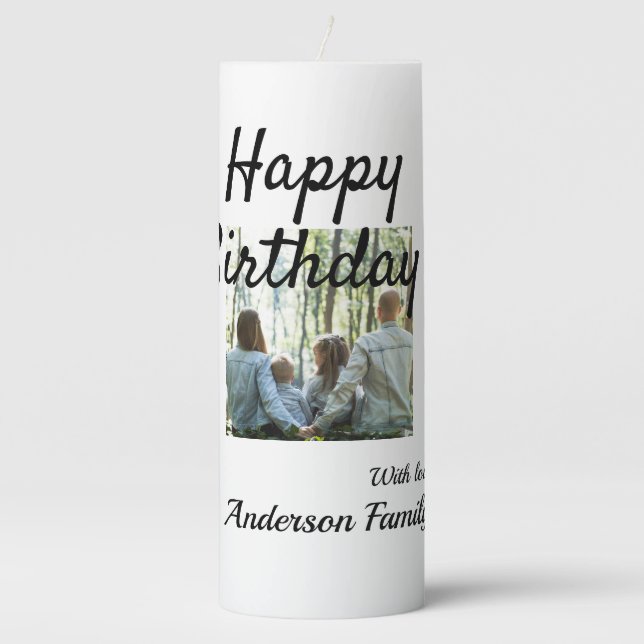 Happy birthday day photo family name elegant class pillar candle (Front)