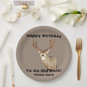 Happy Birthday Deer Buck Antlers Old Funny Hunting Paper Plates