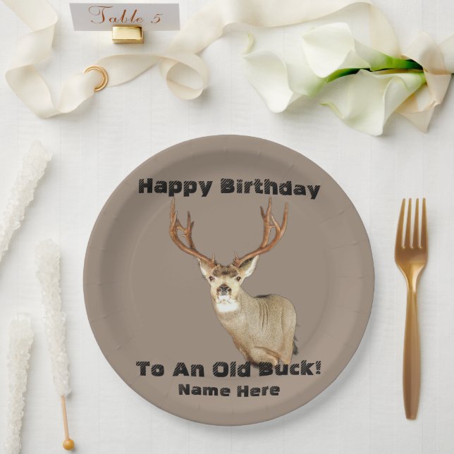 Happy Birthday Deer Buck Antlers Old Funny Hunting Paper Plates (Wedding)