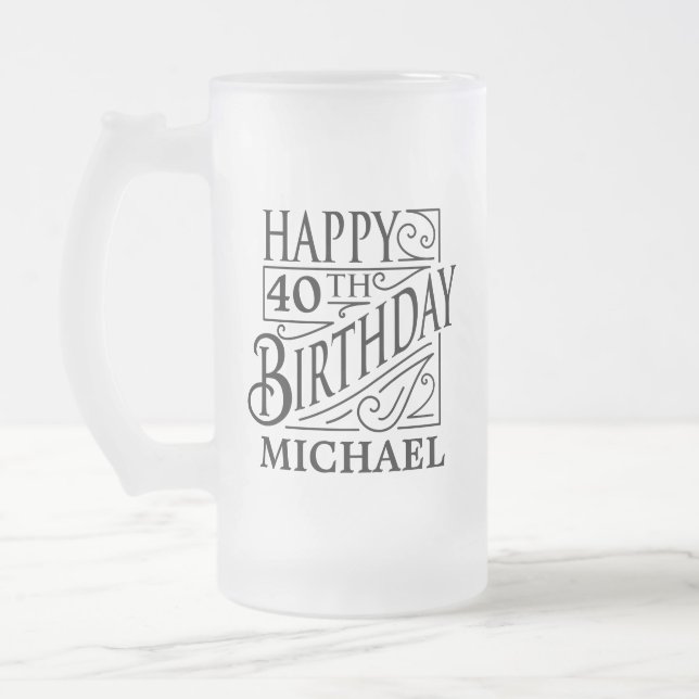 Happy Birthday design, decorative vintage style Frosted Glass Beer Mug (Left)