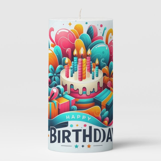 Happy Birthday Design Pillar Candle (Front)
