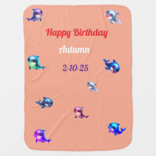 Happy Birthday Different colored Dolphin Baby Blanket