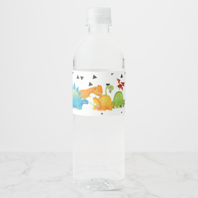 Happy Birthday Dinosaur Boy Dino Party Water Bottle Label (Front)