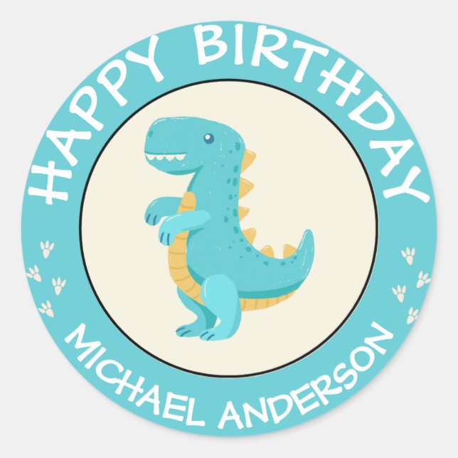 Happy Birthday Dinosaur Name Baby Blue Classic Round Sticker (Front)