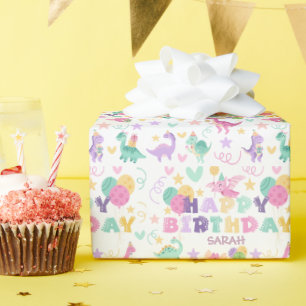 Happy Birthday Dinosaur Pastel Green Pink Kids Wrapping Paper