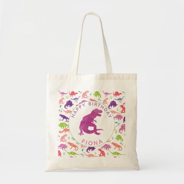 Happy Birthday Dinosaur Personalized Girls T-Rex Tote Bag (Front)