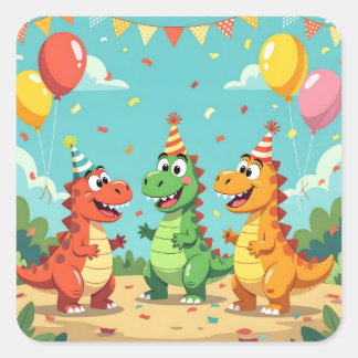 Happy birthday dinosaurs theme square sticker