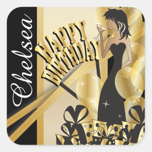Happy Birthday Diva Girl  DIY Name  Gold Square Sticker