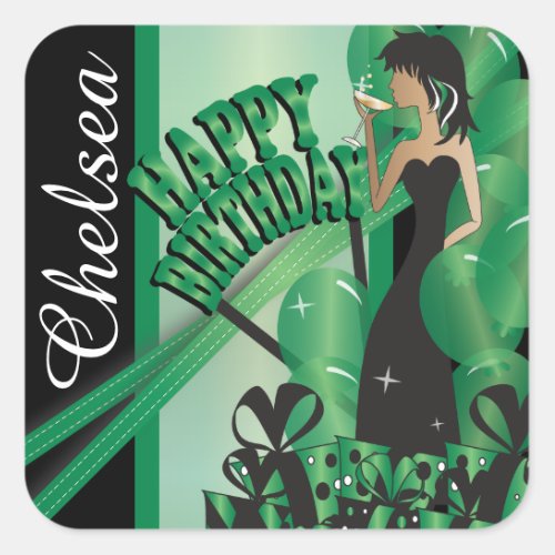 Happy Birthday Diva Girl  DIY Name  Green Square Sticker