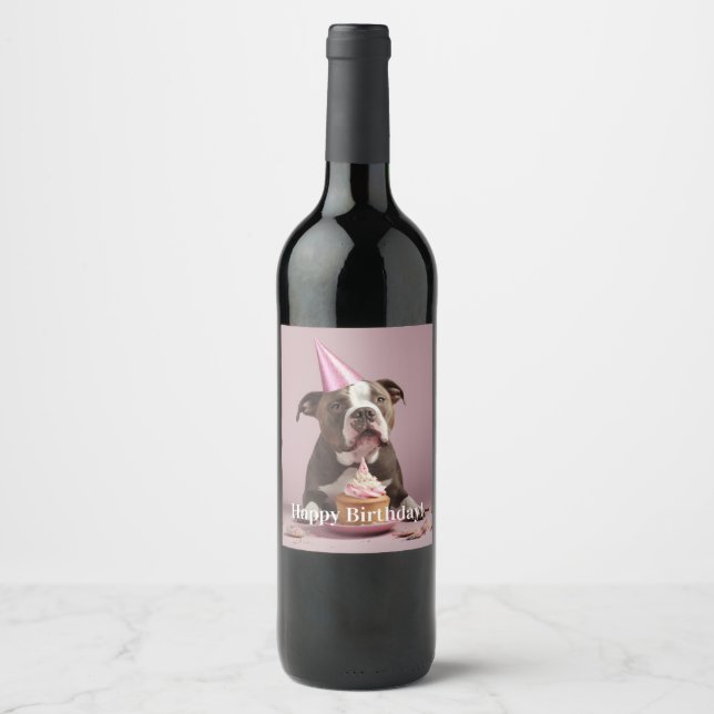 Happy Birthday! Dog eating cake  Wine Label (Front)