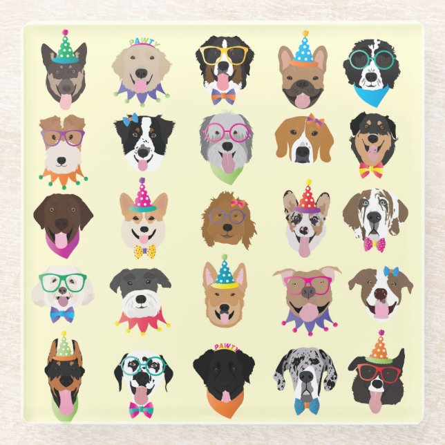 Happy Birthday Dog Faces Pawty Animals Glass Coaster (Front)