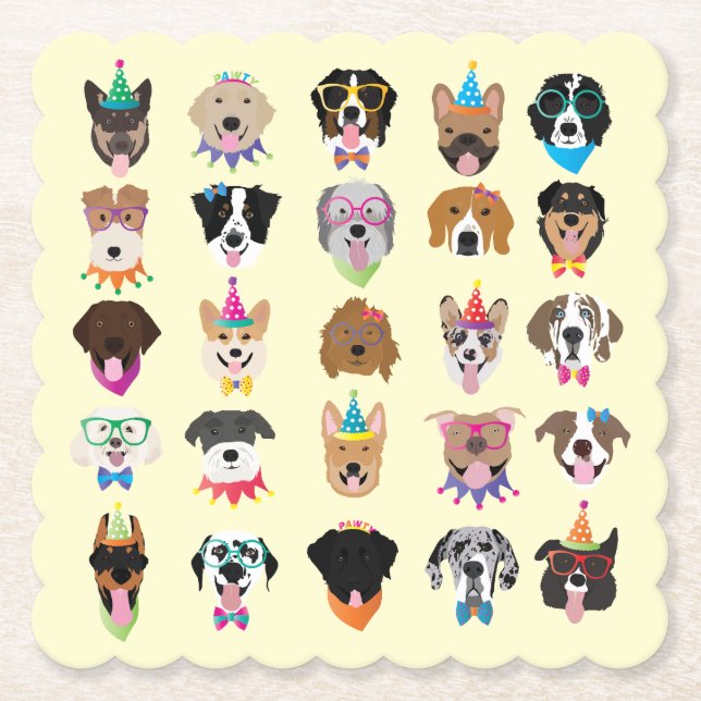 Happy Birthday Dog Faces Pawty Animals Paper Coaster (Front)