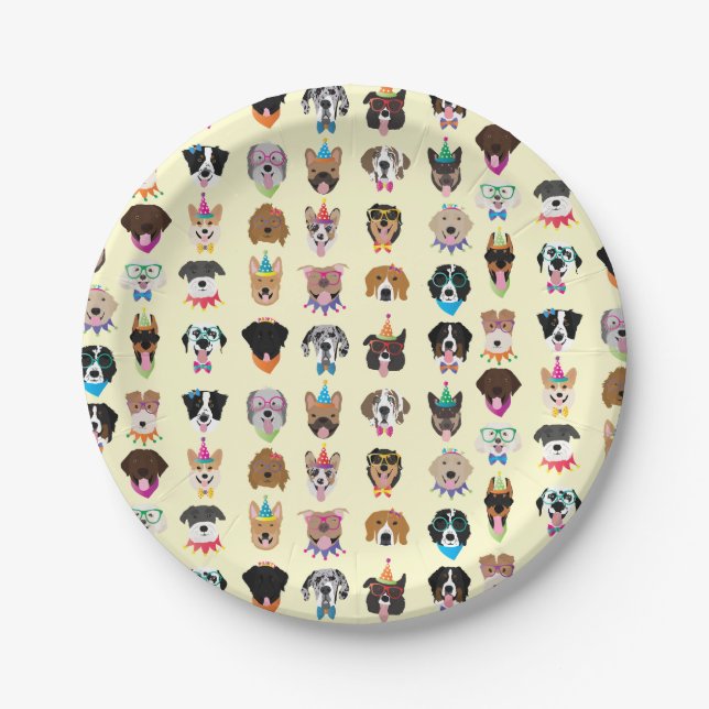 Happy Birthday Dog Faces Pawty Animals Paper Plates (Front)