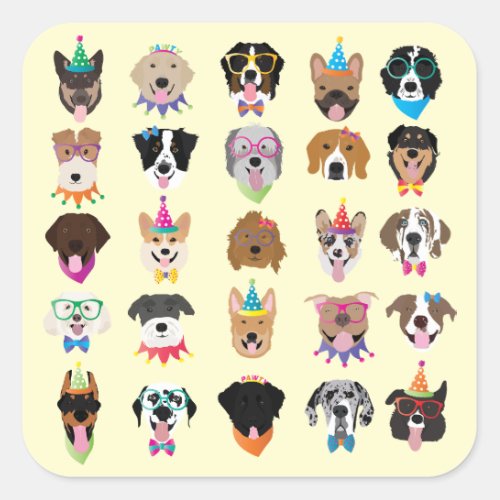 Happy Birthday Dog Faces Pawty Animals Square Sticker