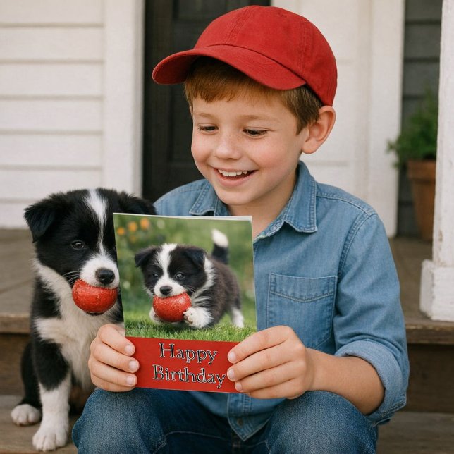 Happy Birthday Dog Lover Kids  Card (Joyful birthday moment with a playful pup and a bright, happy card in hand. Template card for kids)