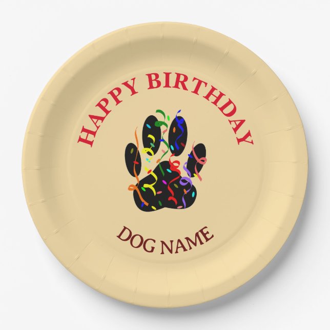 Happy Birthday Dog Paw Confetti Editable Paper Plates (Front)